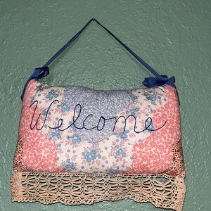 Grandma’s vintage Quilted Welcome Home Wall Hanging Door Hanger crocheted wreath